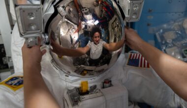 NASA astronaut and Expedition 74 flight engineer Jessica Meir’s reflection is captured in a spacesuit helmet visor. The visor assembly is coated with a microscopic layer of gold that reflects infrared radiation to protect an astronaut’s eyes while allowing visible light to pass through. Meir was working inside the International Space Station's Quest airlock, installing leg and arm components on the spacesuit and swapping components from one suit to another.