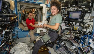 NASA astronauts Chris Williams and Jessica Meir, both Expedition 74 flight engineers, inspect and configure a spacesuit jetpack, known as the Simplified Aid for EVA Rescue (SAFER), inside the International Space Station’s Destiny laboratory module. The jetpacks attach to the rear of spacesuits and serve as a safety mechanism that allows a spacewalker to maneuver back to the station in the unlikely event they become untethered from their worksite.