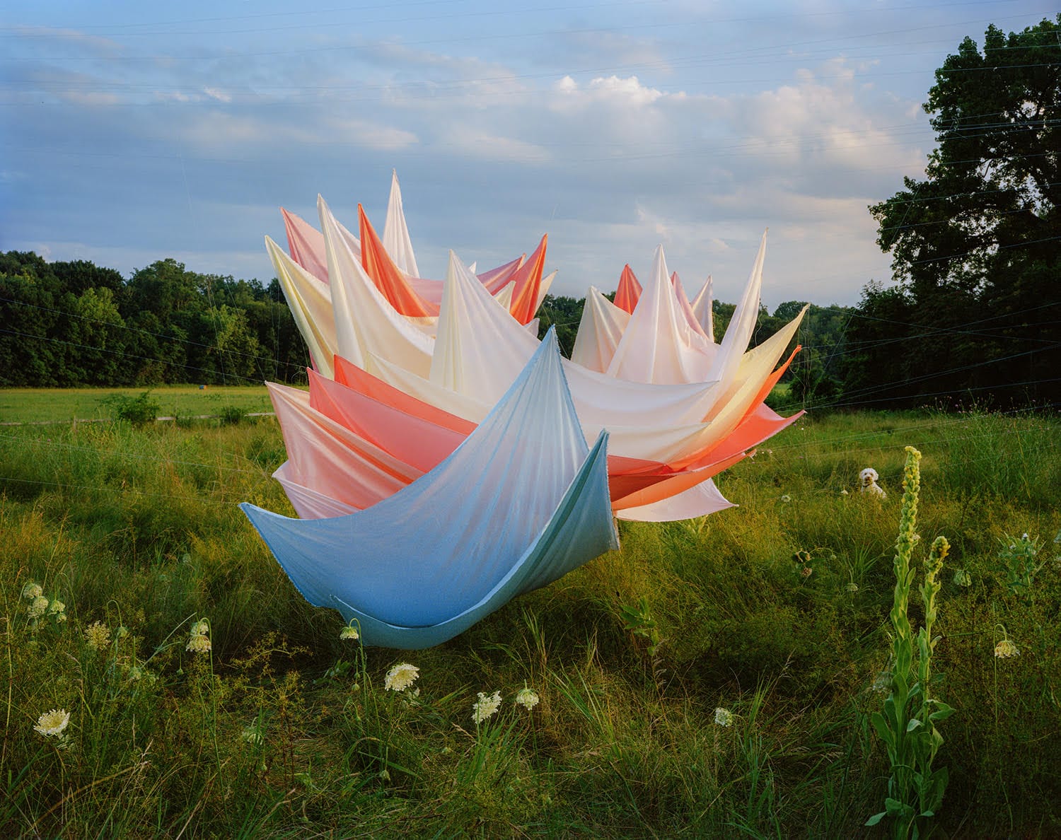 A photograph by Thomas Jackson of numerous pieces of colorful fabric that are seemingly suspended in the air above a meadow