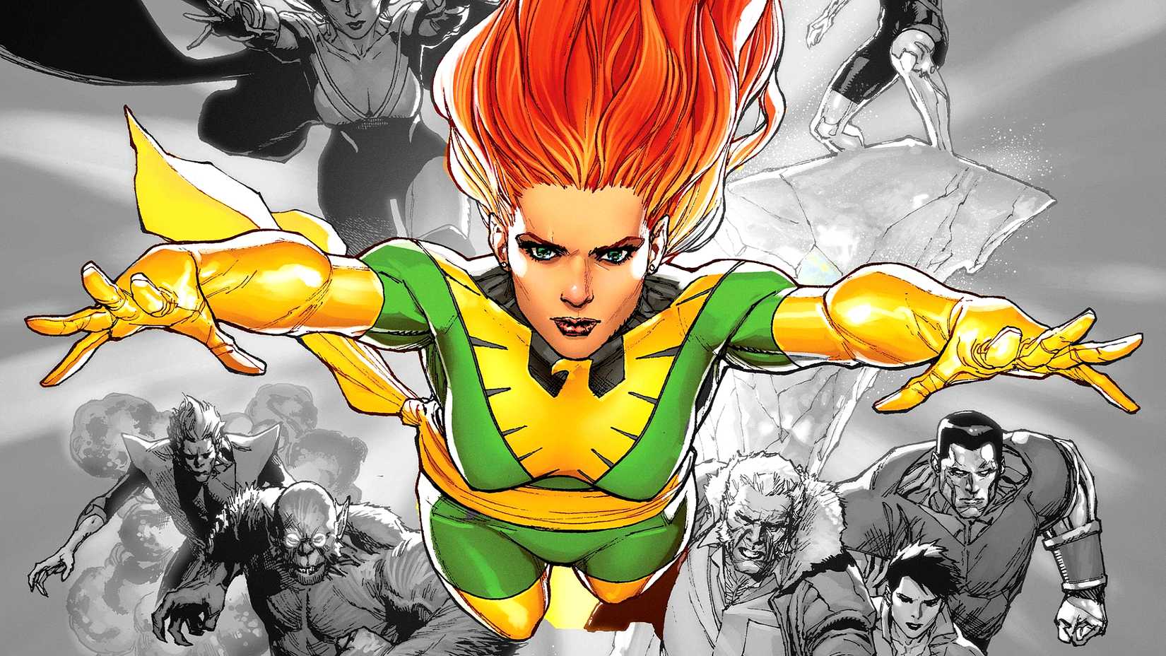 Jean Grey flies wearing her Phoenix costume leading the X-Men