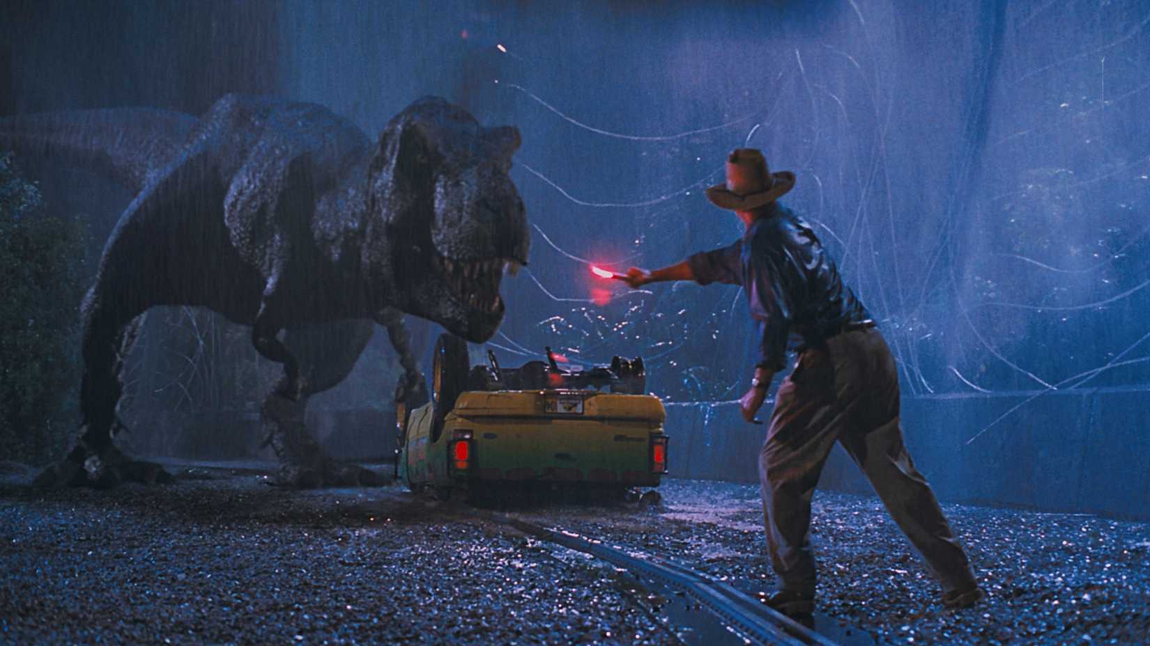 Jurassic Park still featuring a T-Rex.