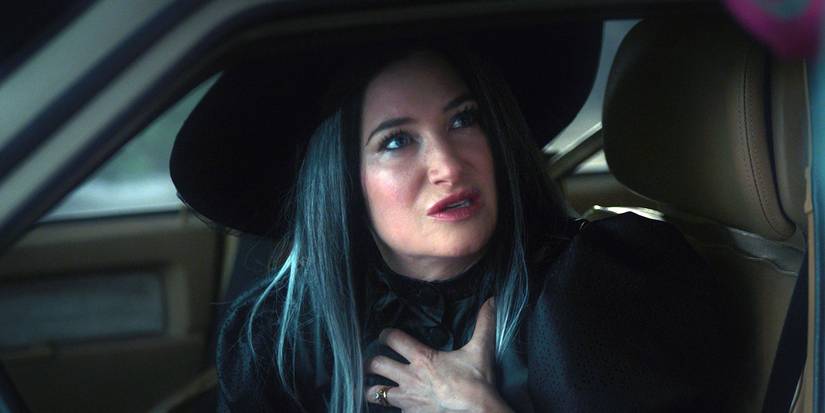Kathryn Hahn as Agatha Harkness dressed as a witch while driving a car in Wandavision