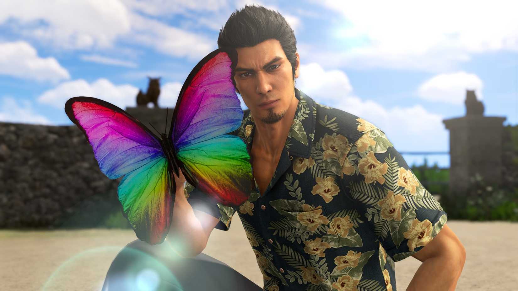 Kazumu Kiryu catches a massive rainbow butterfly outside Morning Glory in Yakuza Kiwami 3 & Dark Ties