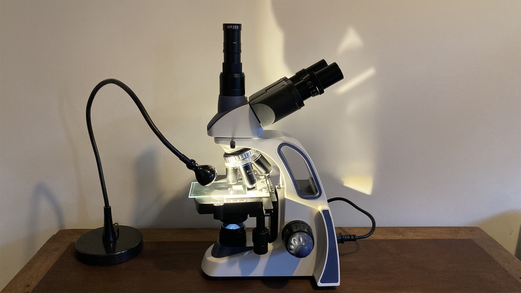 A Swift SW380T microscope on a desk, with a lamp attached.