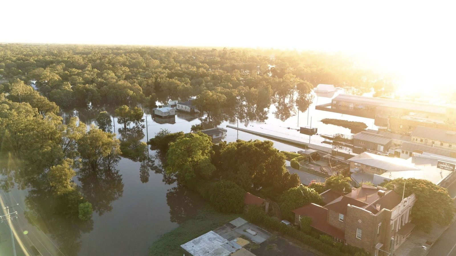 drone shot of flooded town