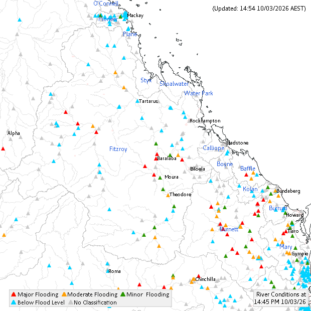 A map with a colour code highlighting major flood warnings. 