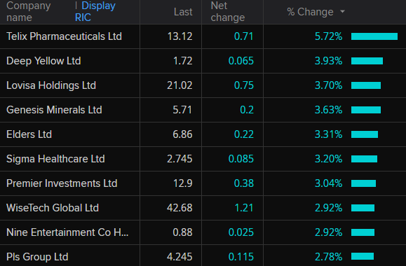 ASX 200 biggest winners around 12:50pm AEDT