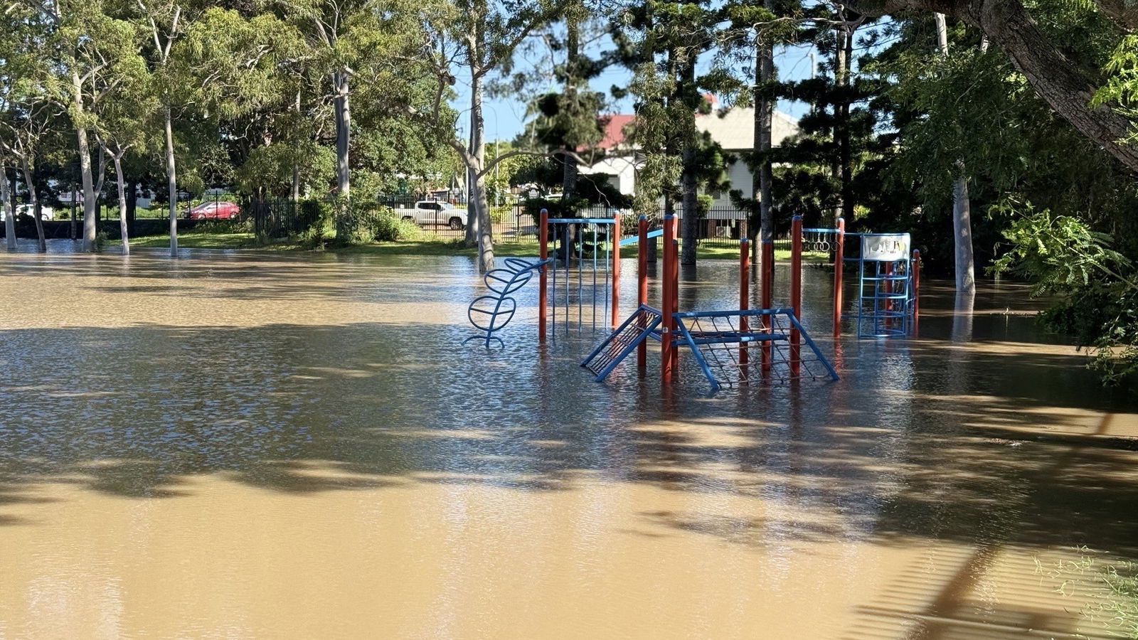 A children's playground flooded