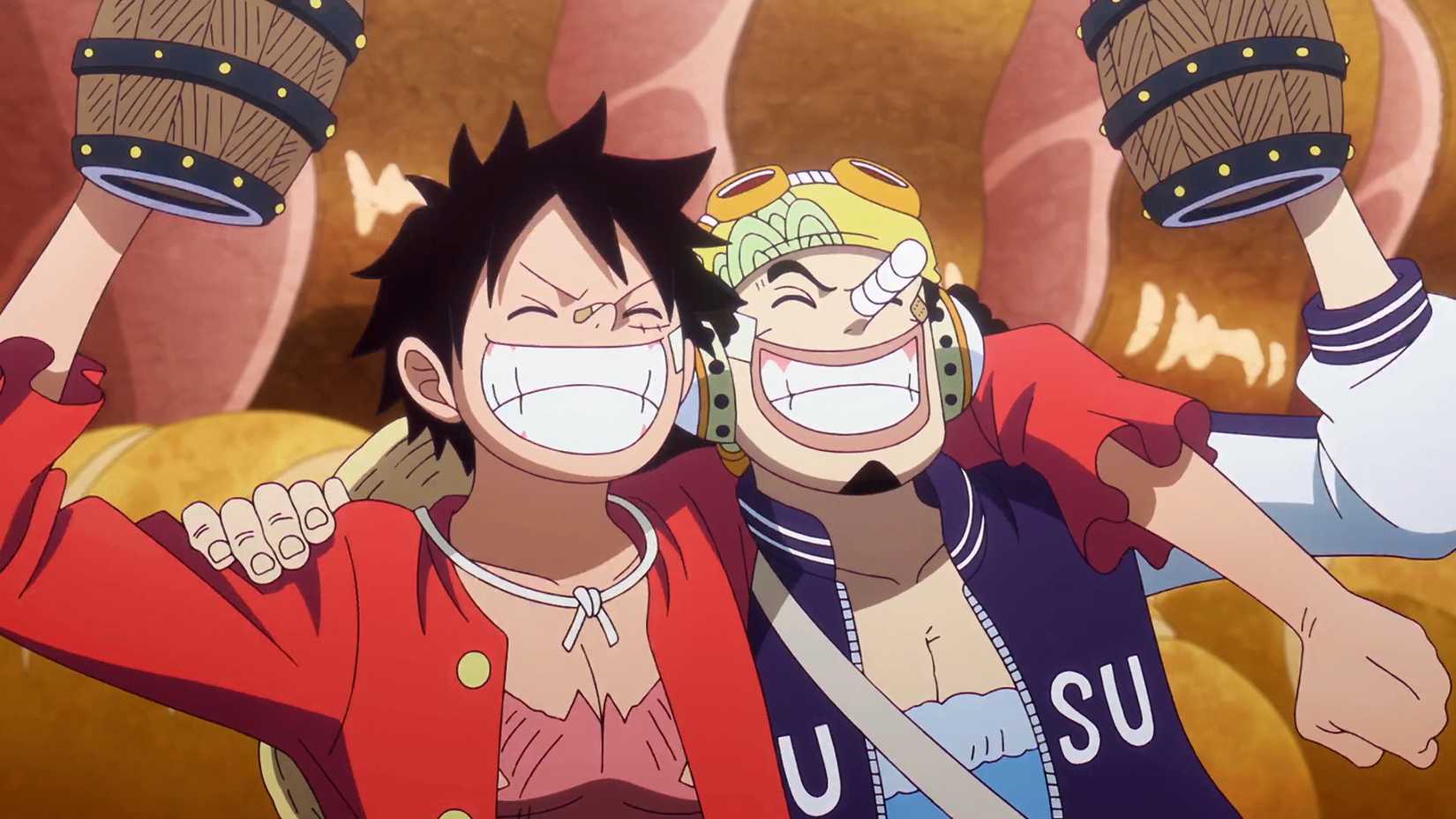 Luffy and Usopp smiling in One Piece's anime