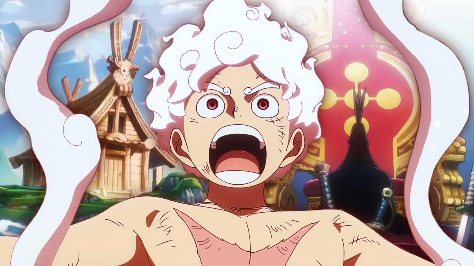 Luffy looking surprised with imu and elbaph in the background