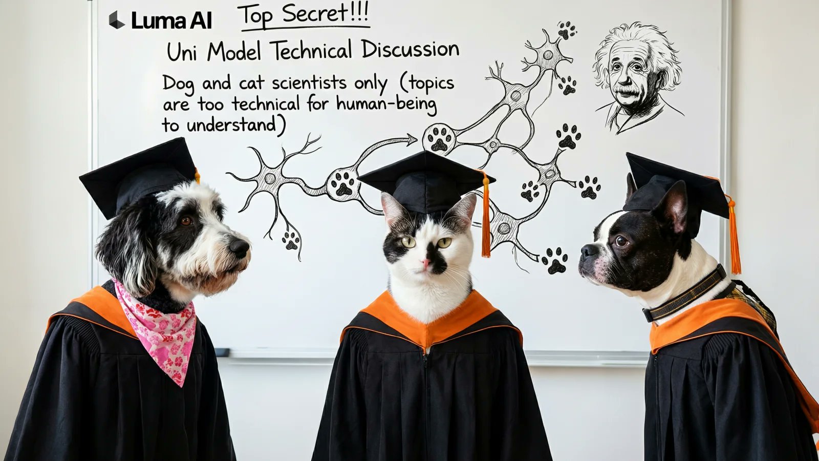 Multiple ordinary pet photos were combined into a single AI-generated scene showing a dog, cat, and Boston Terrier wearing academic regalia in front of a whiteboard with scientific diagrams and the Luma AI logo.