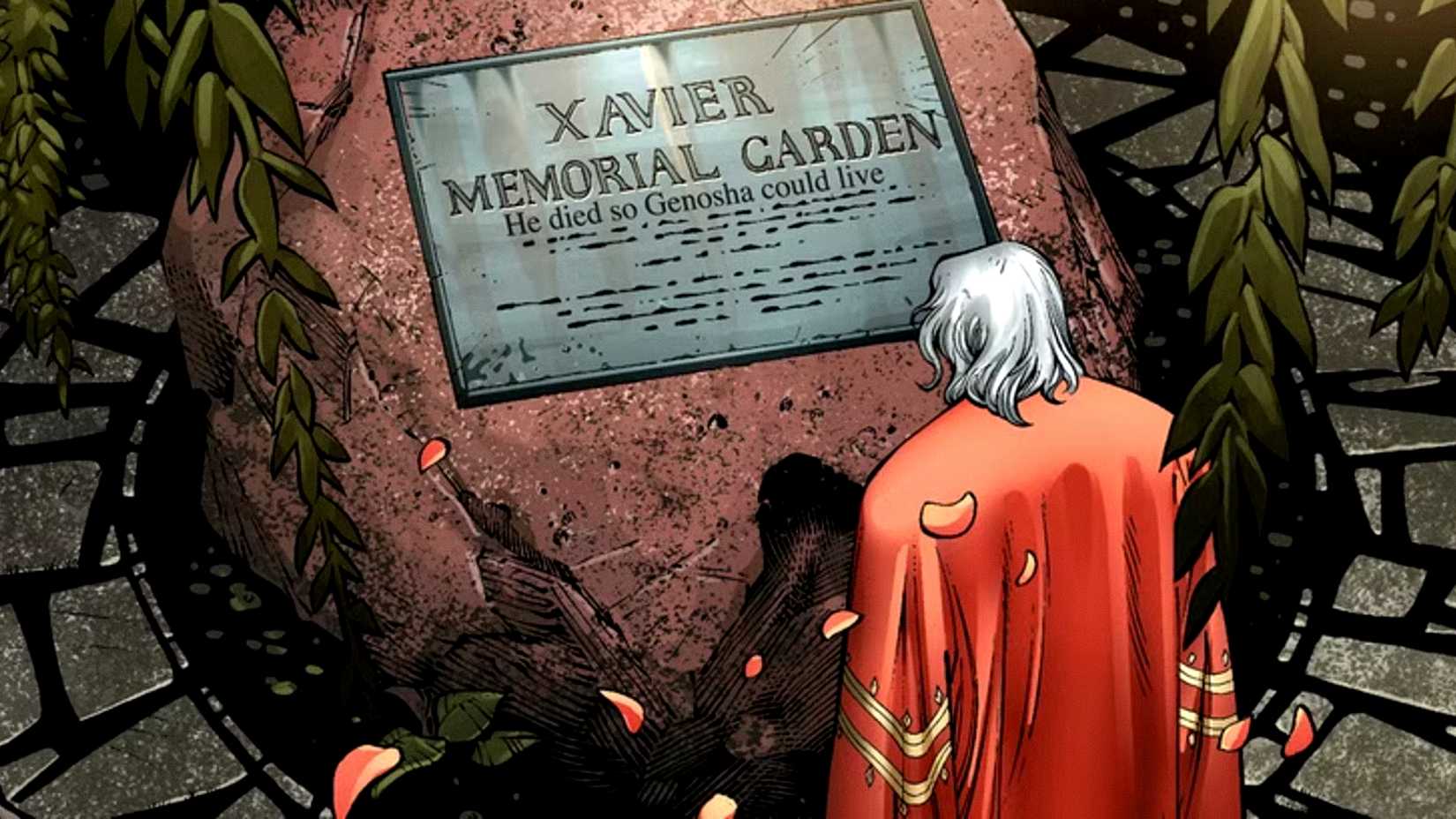 Magneto visits Charles Xavier's memorial in House of M