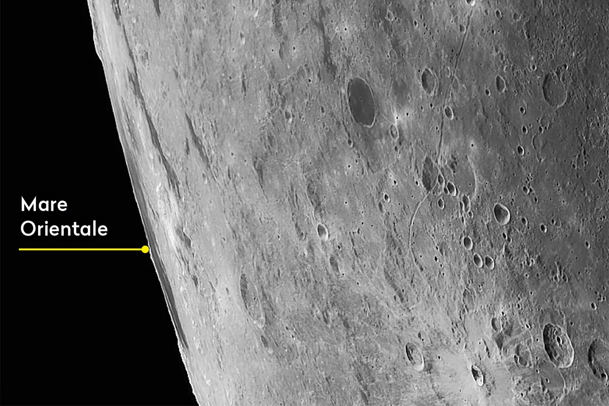 Favourable lunar libration is required to see the Moon's Mare Orientale region. Credit: Pete Lawrence