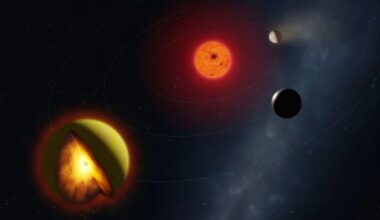 This artist's illustration shows the sulphur-rich exoplanet L 98-59 d orbiting its red dwarf star about 35 light-years away. The unusual planet could represent an entirely new class of exoplanet. Its high sulphur content keeps it in a molten state. Image Credit: Mark A. Garlick / markgarlick.com