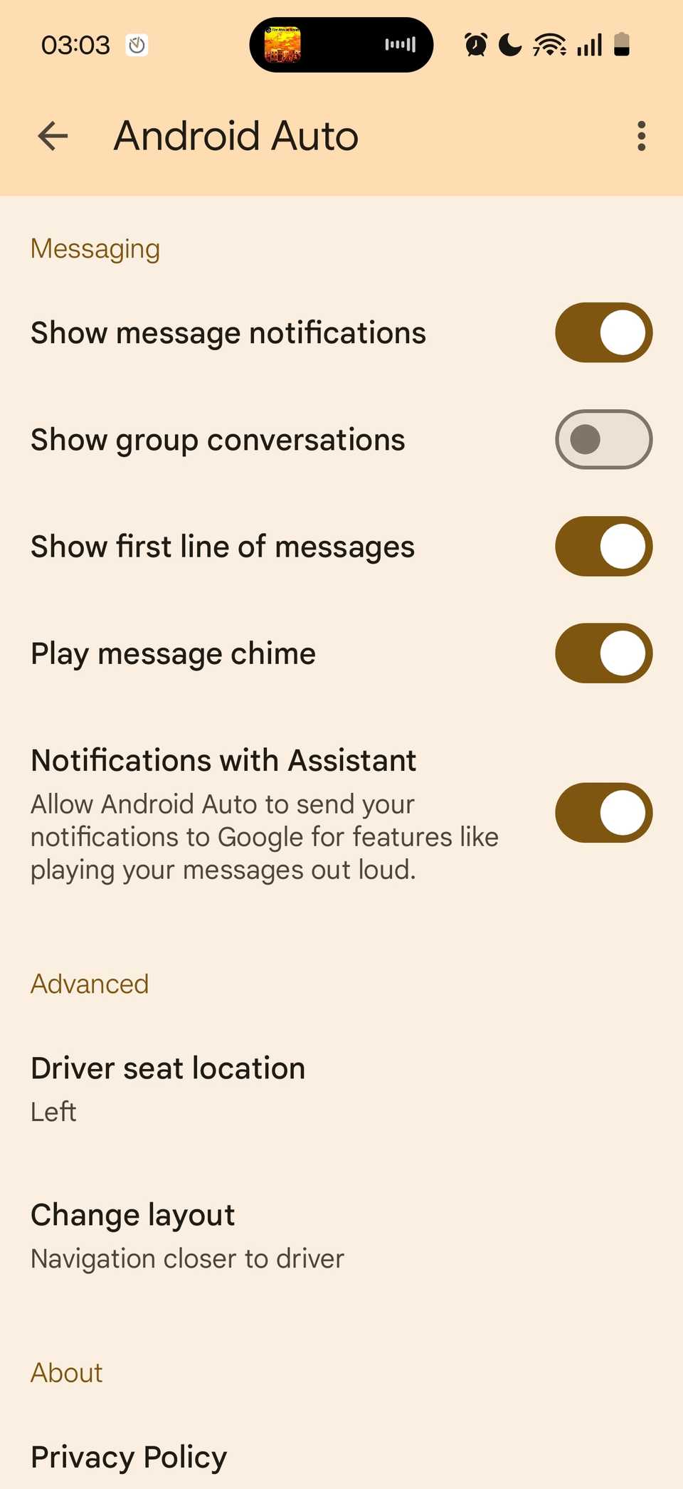 The "Messaging" options in Android Auto.