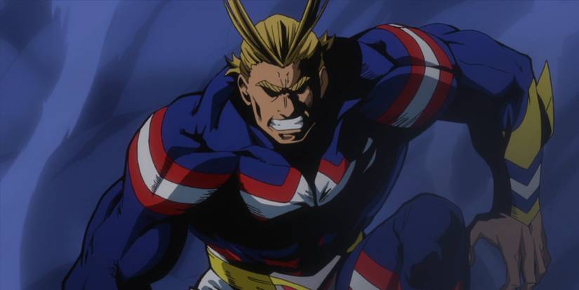 My Hero Academia's All Might in front of a smoky backdrop.