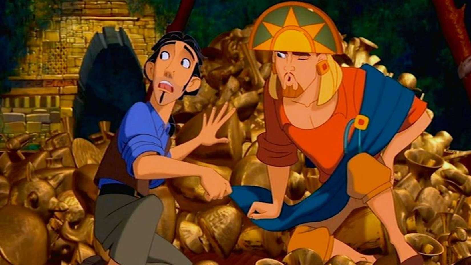 Miguel and Tulio surrounded by treasure in The Road To El Dorado