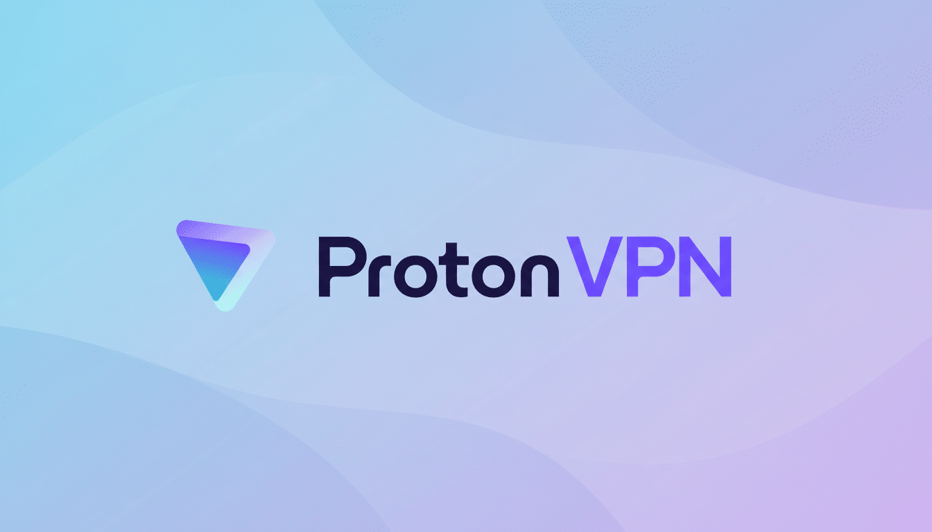 The ProtonVPN logo, featuring a stylized purple and teal triangle icon next to the word ProtonVPN in dark and light purple text, set against a professional flat design background with soft blue and purple gradients and subtle wave patterns.