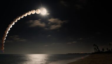 A composite image showing a string of full moons captured during a total lunar eclipse. The lunar disk closest to the horizon is fully eclipsed and red, with each subsequent moon Earth's shadow can be seen slipping from the lunar disk above an ocean bordering a beach.