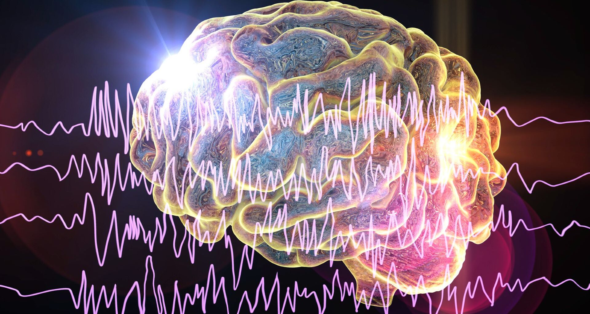 A cartoon image of a brain with waves across the front of it.