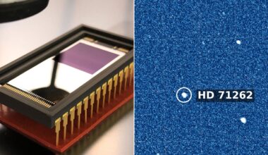 Close-up of an electronic sensor chip (left) and a star field image with a labeled star "HD 71262" circled in white on a blue background (right).
