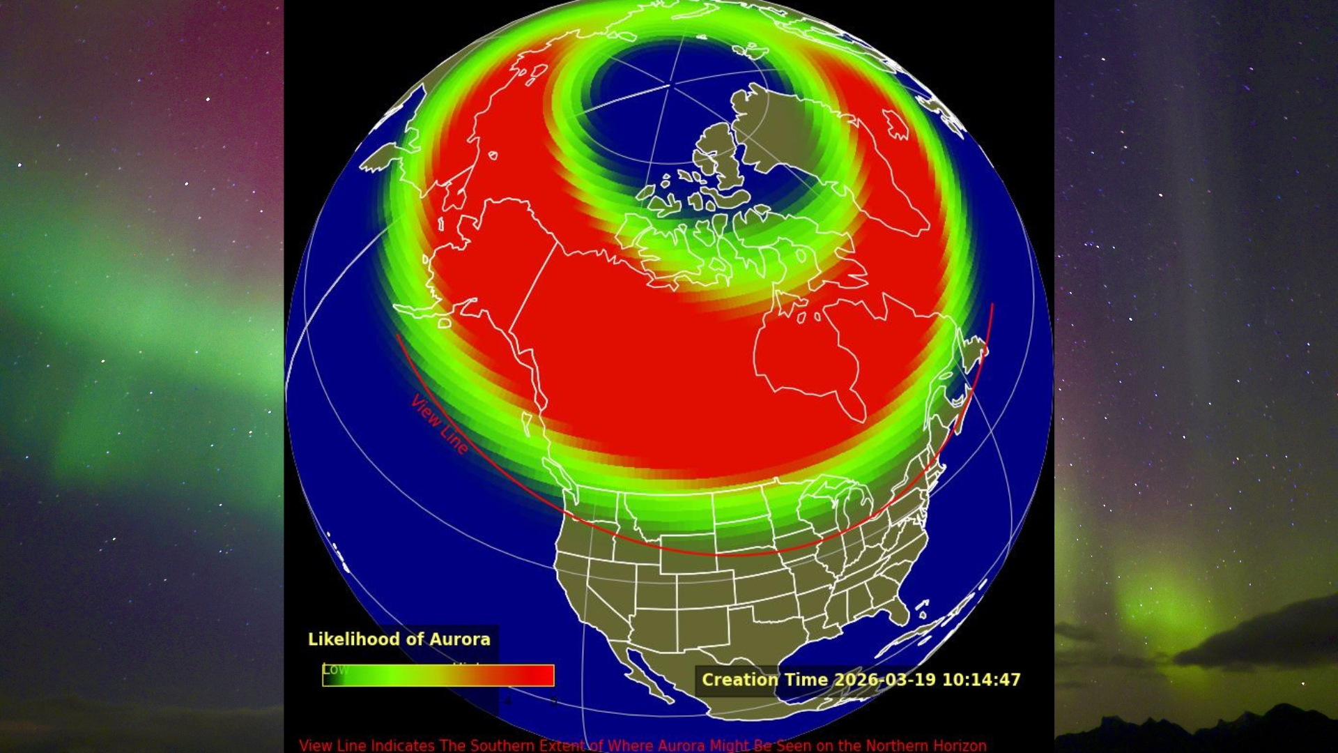 a map of the us showing the possible aurora view line for tonight courtesy of NOAA's space weather prediction center. Shows large part of the US colored red indicating potential widespread auroras tonight.
