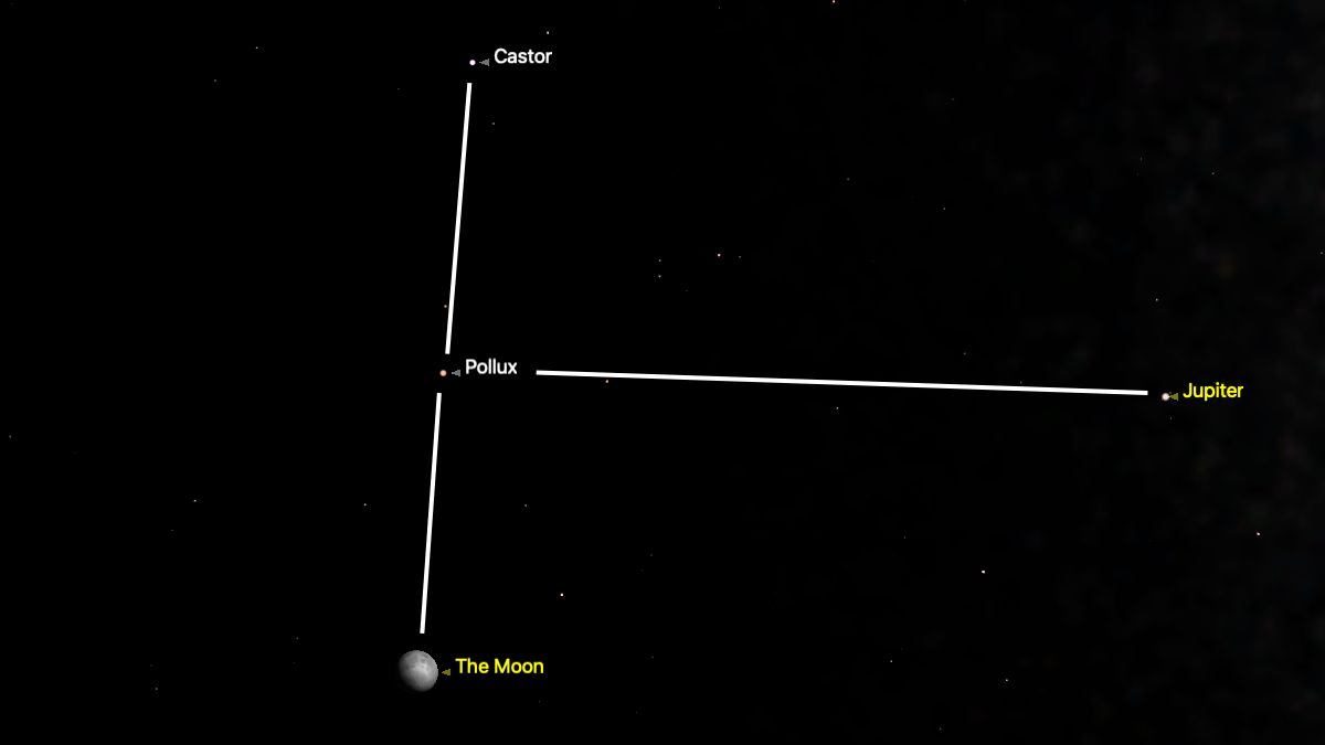 night sky graphic showing the moon at the bottom of the image with pollux above and then castor above that at the top. to the right of pollux is Jupiter on feb. 27