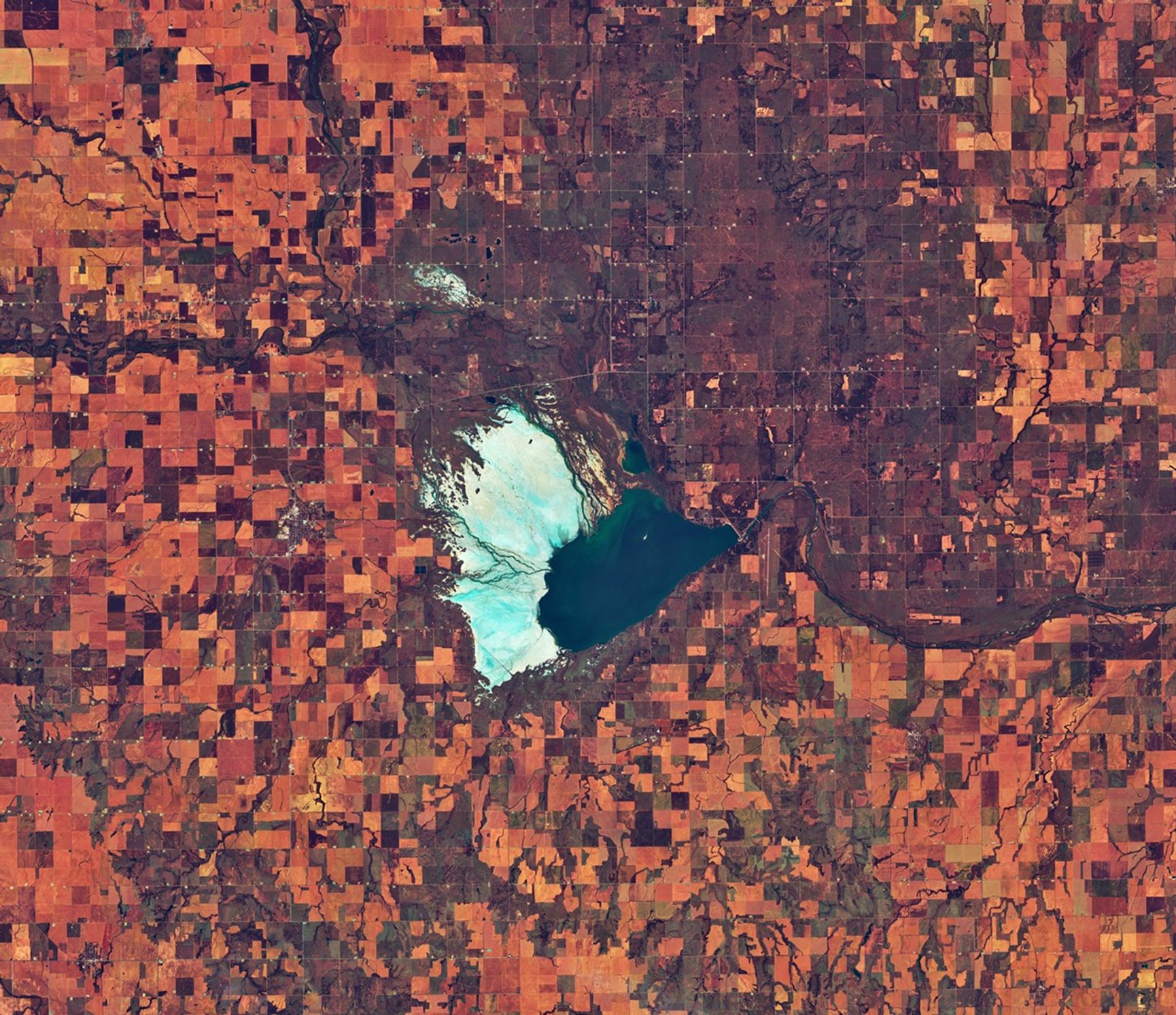 In a false-color satellite image of the Great Salt Plains in Oklahoma, salt-crusted areas appear white to light blue and lake water is dark blue to green. Surrounding agricultural areas range from dark purple to light orange.