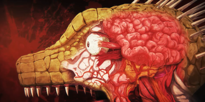 A close up of a reptile head that is scanned to reveal a human brain in Dorohedoro
