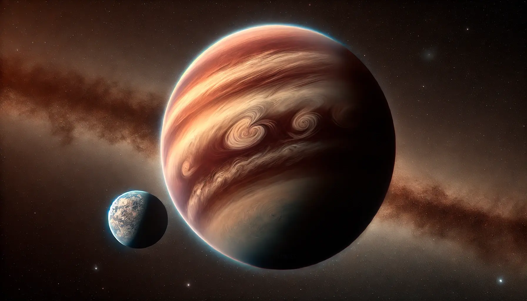 This AI-generated illustration shows an exomoon orbiting a free-floating planet. New research shows that there are some evolutionary pathways where exomoons orbiting rogue planets could be warm enough for liquid water. It also says that these habitable conditions could last for billions of years. There's at least a chance that complex life could arise in the right circumstances on rogue planet exomoons. Image Credit: D.Dahlbüdding / ChatGPT / DALL·E