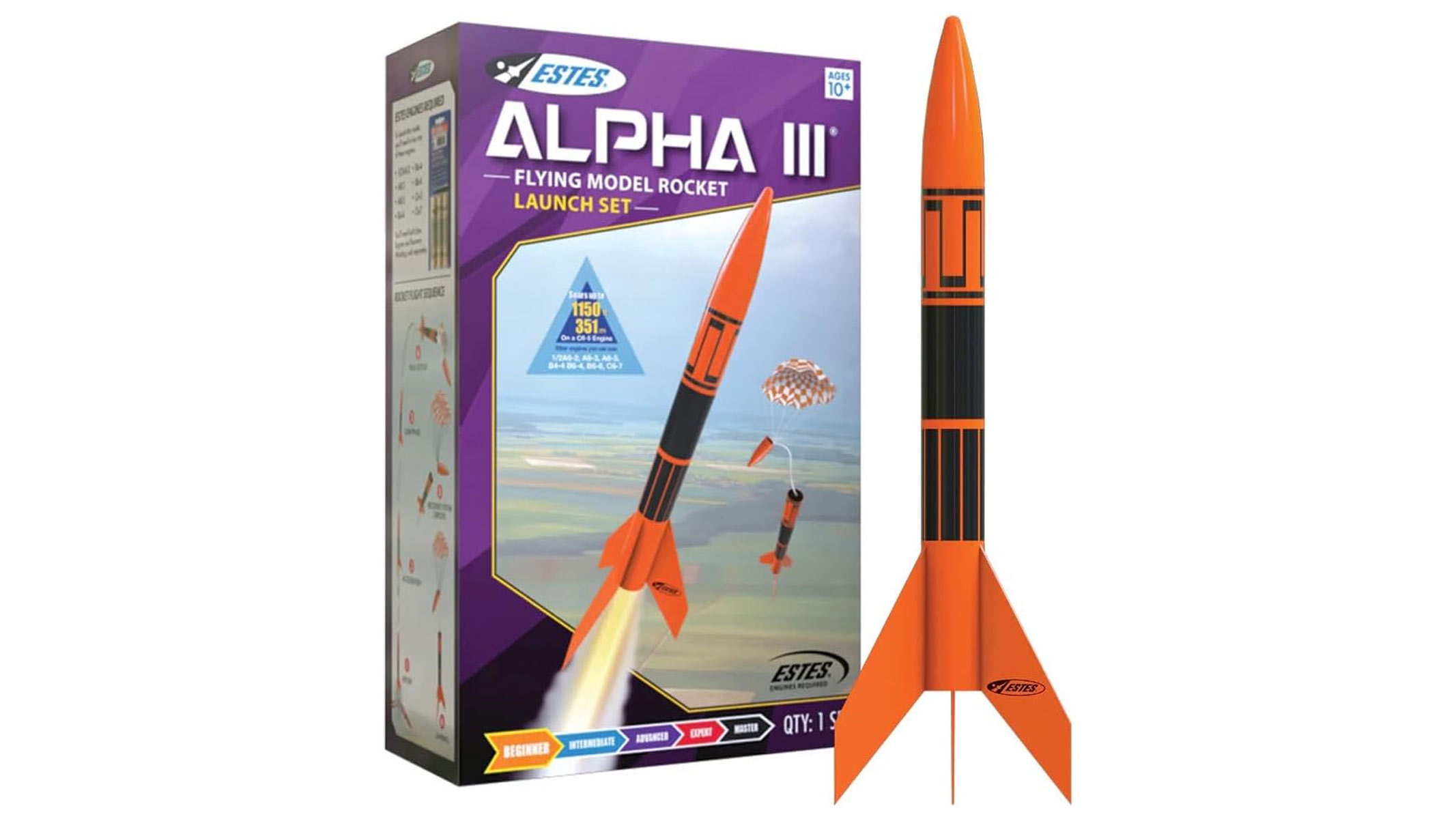 A thin and pointy orange and black rocket is next to a purple product box which shows the rocket flying through the air with fire coming out the bottom, all on a white background.