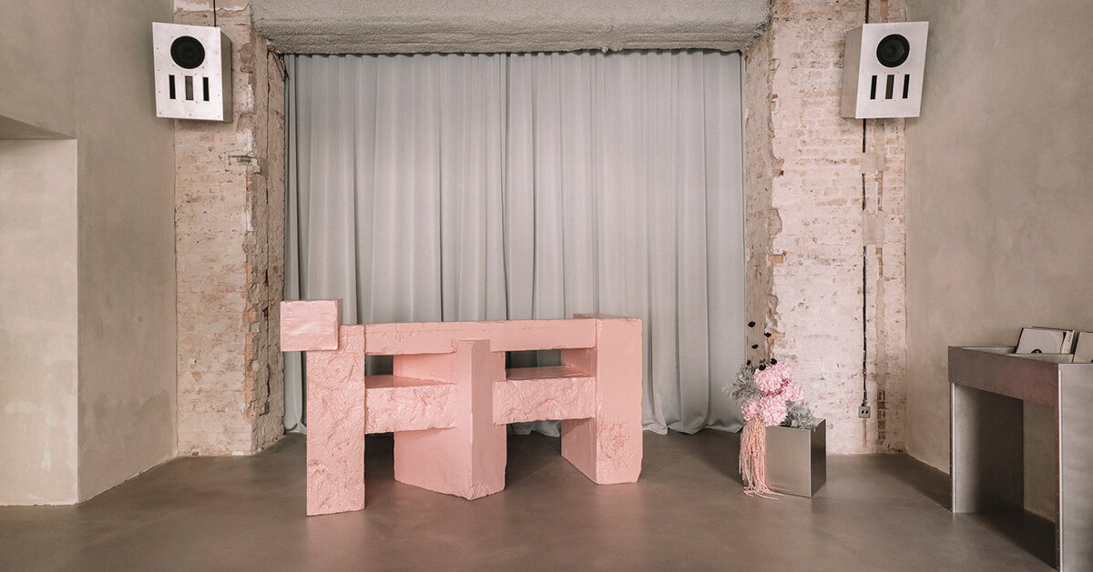 pink sculptural DJ booth by YONT studio sits inside hybrid record store in berlin