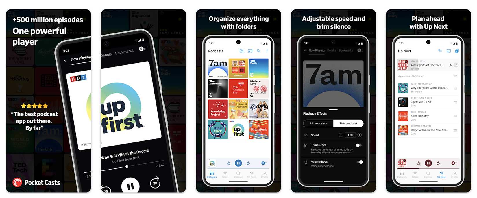 several screens of Pocket Casts