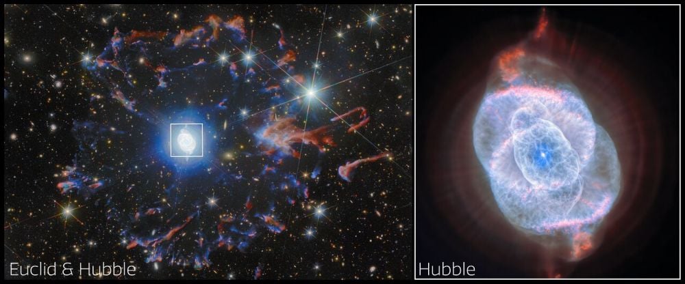 The glorious Cat's Eye Nebula stars in this pair of images from Euclid and Hubble. The Cat's Eye is made up of layers of gas ejected from an aging star. The star is a dying Wolf-Rayet star, hidden in the center of all those gaseous, intricate folds, and lighting them up. Image Credit: ESA/Hubble &amp; NASA, ESA Euclid/Euclid Consortium/NASA/Q1-2025, J.-C. Cuillandre &amp; E. Bertin (CEA Paris-Saclay), Z. Tsvetanov