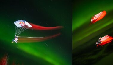 Red Bull's Mid-Air Photo Shoot Combines Skydivers and the Aurora Borealis