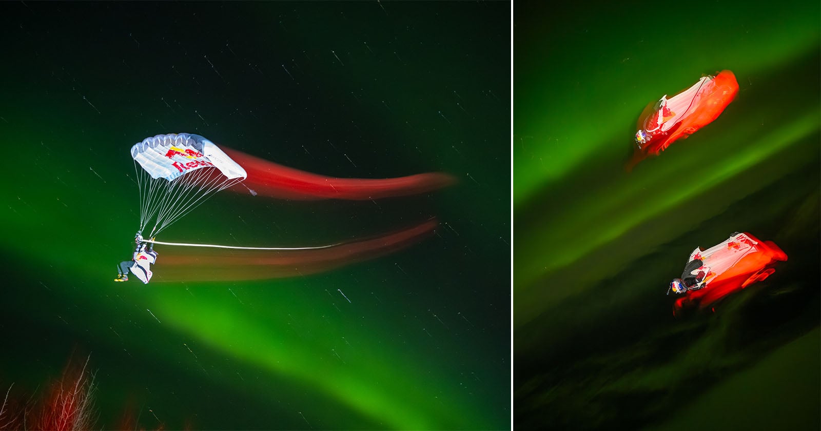 Red Bull's Mid-Air Photo Shoot Combines Skydivers and the Aurora Borealis