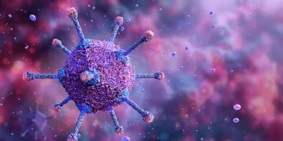 An adenovirus is shown as a purple and blue and pink sphere with protrusions against a multicolored background. 