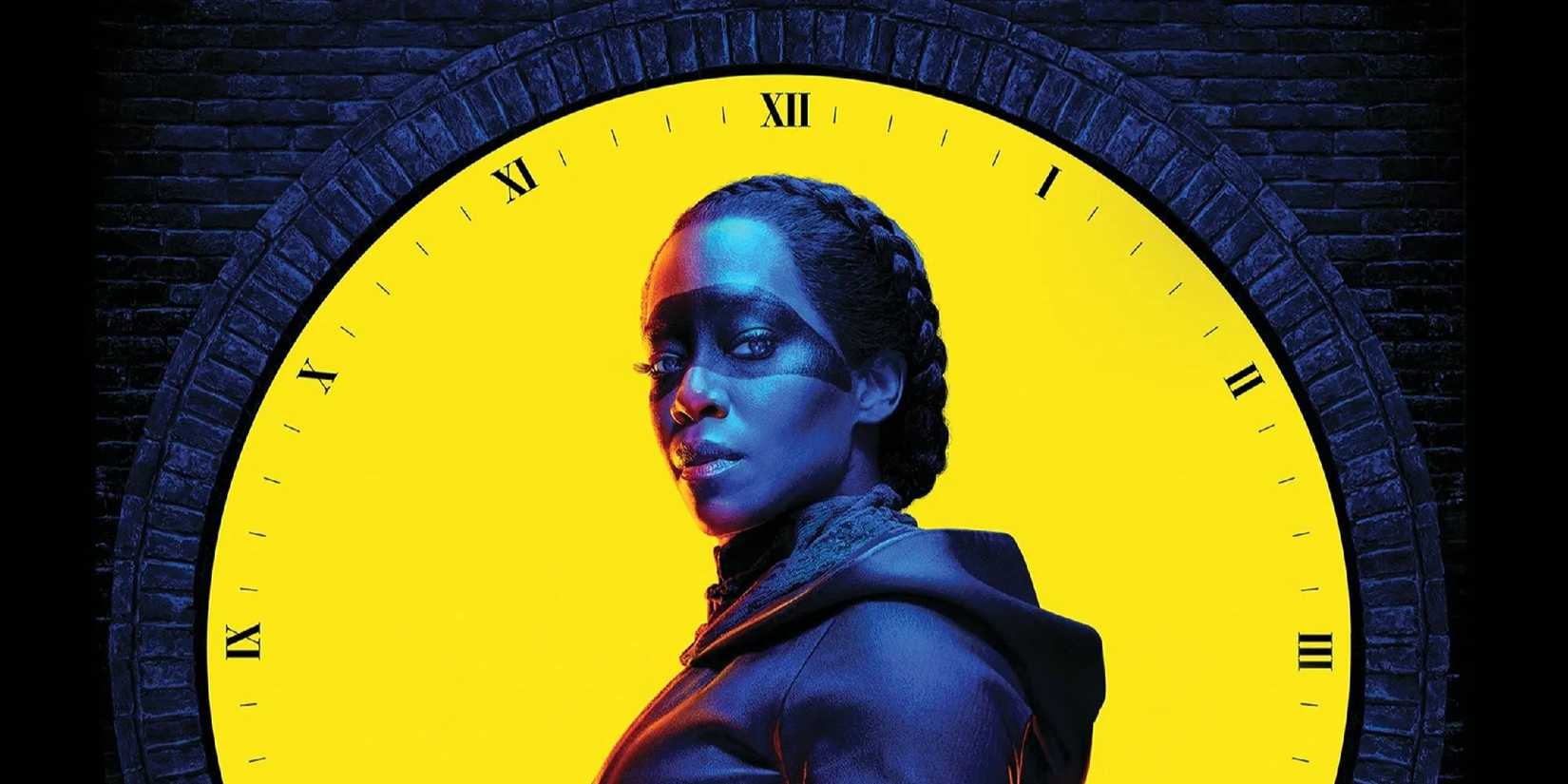 Regina King in a superhero uniform with a large clock behind in a poster for Watchmen.