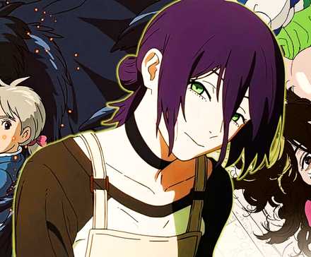 Reze from Chainsaw Man in front of images from Howl's Moving Castle and Look Back