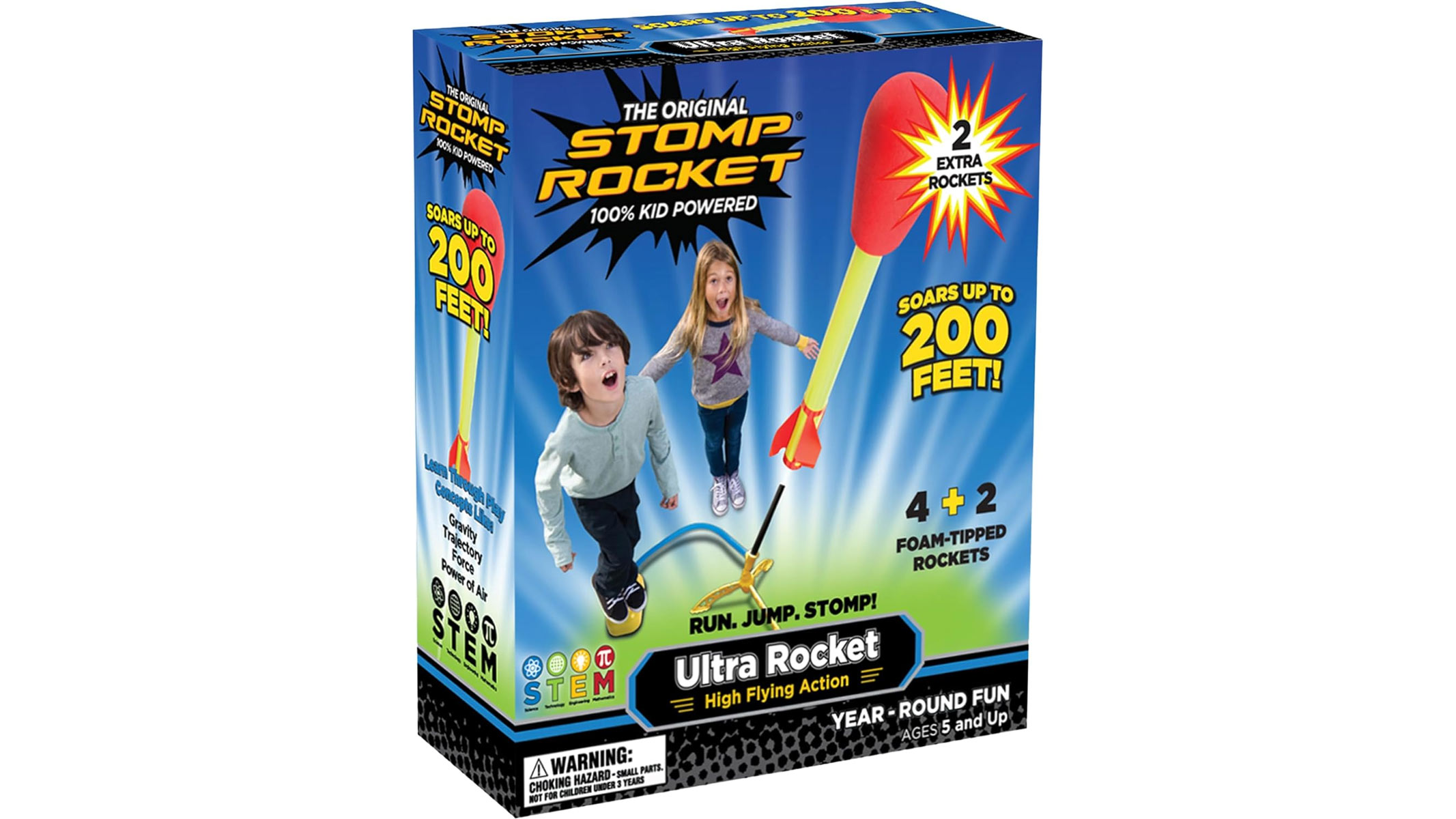 A blue box showing a foam rocket soaring with two children looking on is placed in front of a white background.