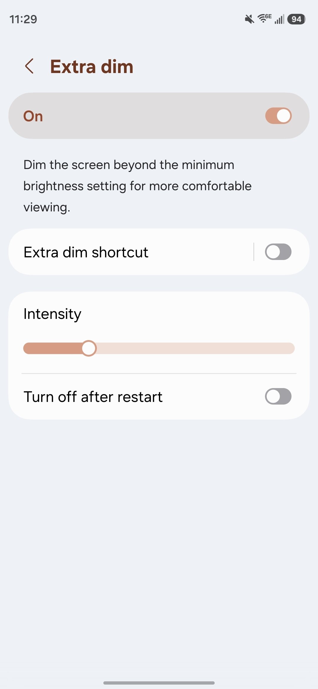 Screenshot of extra dim display settings on a Samsung phone.