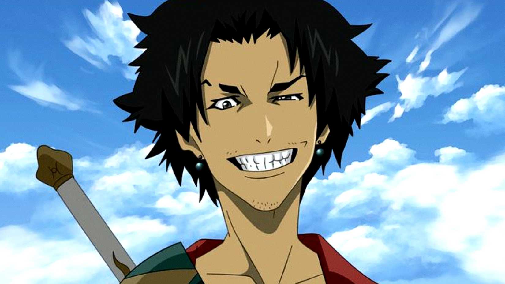 Samurai Champloo's Mugen smiles in front of a blue sky