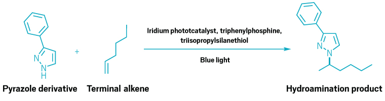 A reaction scheme showing a pyrazole derivative adding to a terminal alkene.