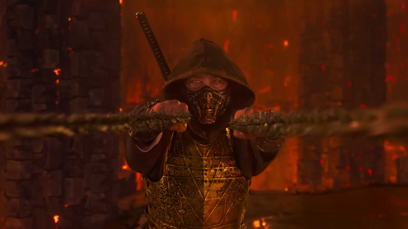 Scorpion pulling on two chains toward the camera in Mortal Kombat 2