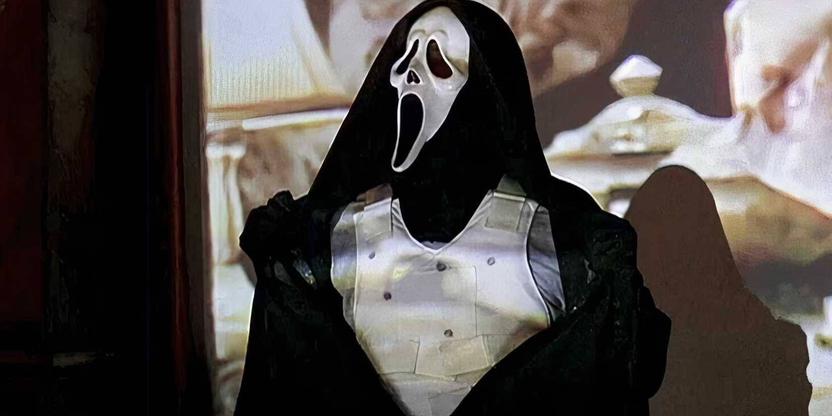 Ghostface stands in front of a projector screen with his bullet proof vest exposed in Scream 3