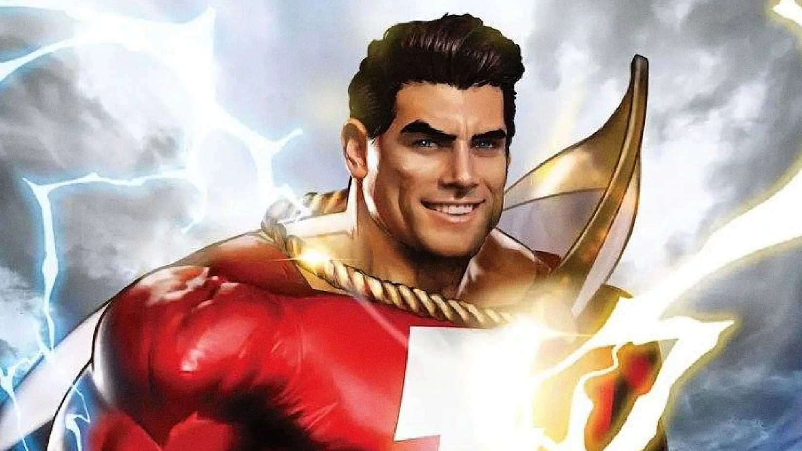 Shazam aka Captain Marvel casts lightning to his chest emblem on an overcast day in DC Comics cover