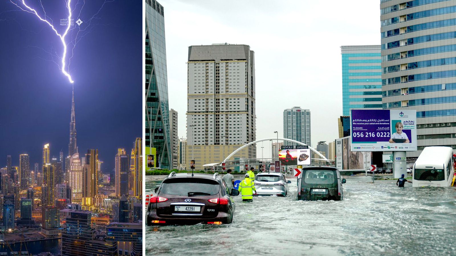 The Burj Khalifa was hit by lightning and flooding in Dubai. Pic: Dubai Media Office/AP