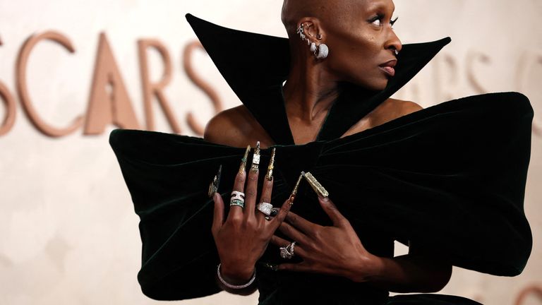 Cynthia Erivo in an emerald-green Louis Vuitton gown and a customised Wizard of Oz-themed nail set in gold and green in 2025. Absolutely Wicked. Pic: Reuters