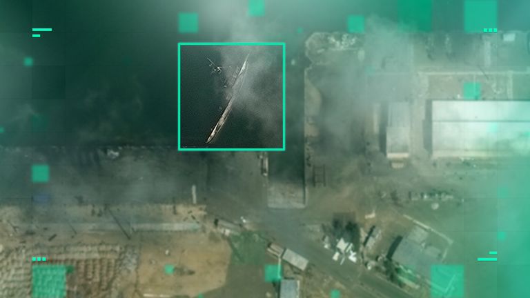 A satellite image on 4 March shows a ship sunk at Konarak port. Pic: Vantor provided by European Space Imaging