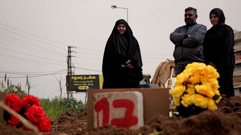 Mourners bury the dead at a temporary cemetery by the side of a road in Tyre